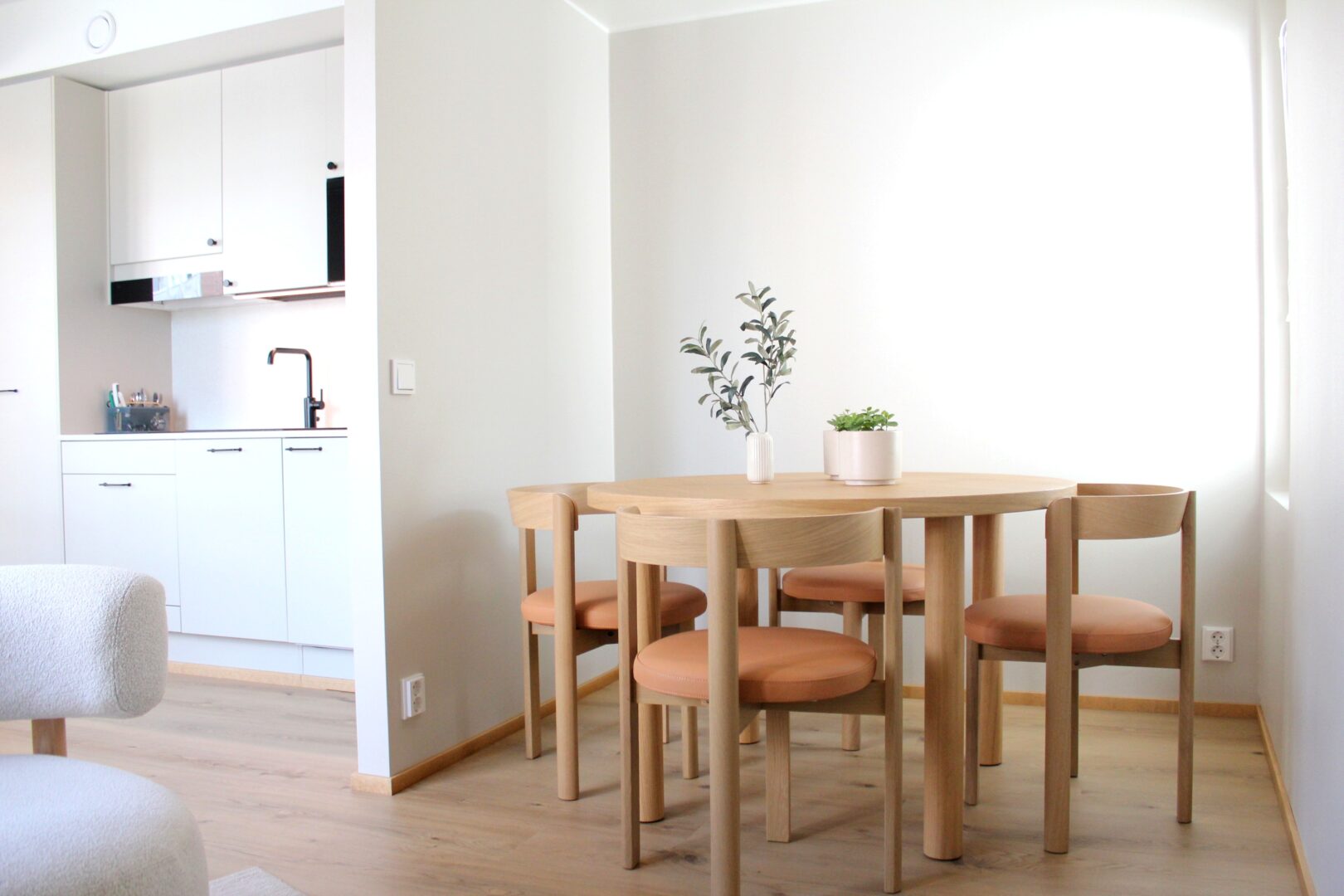 Open-plan kitchen and dining area: white cabinets on the left, a wooden dining table with matching chairs, and potted plants on the table.
